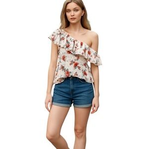 INC International Concepts Floral One-Shoulder Blouse - Cream and Red